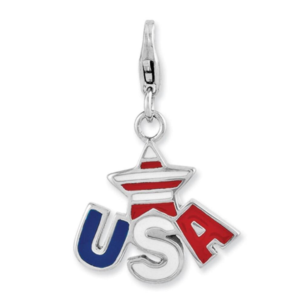 Sterling Silver Enameled Star USA logo Charm Lobster clasp